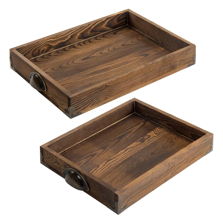 ODM Set of 2 Dark Brown Burnt Wood Table Serving Trays with Antique Metal Corners and Side Handles