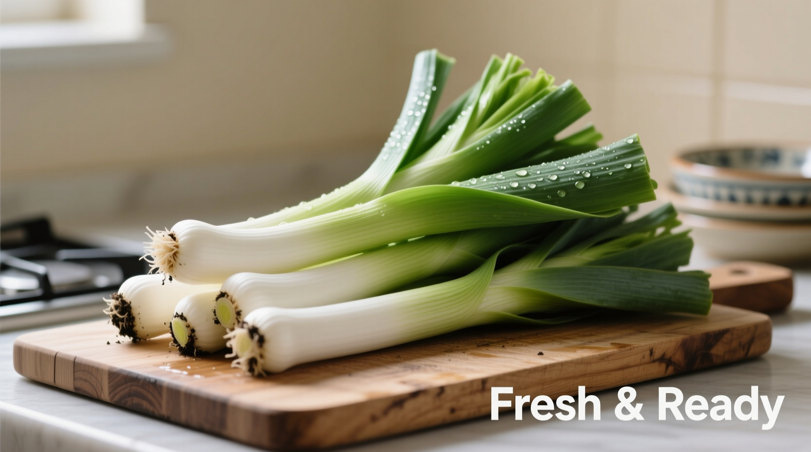 Fresh leeks with soil-free white bases ready for cooking
