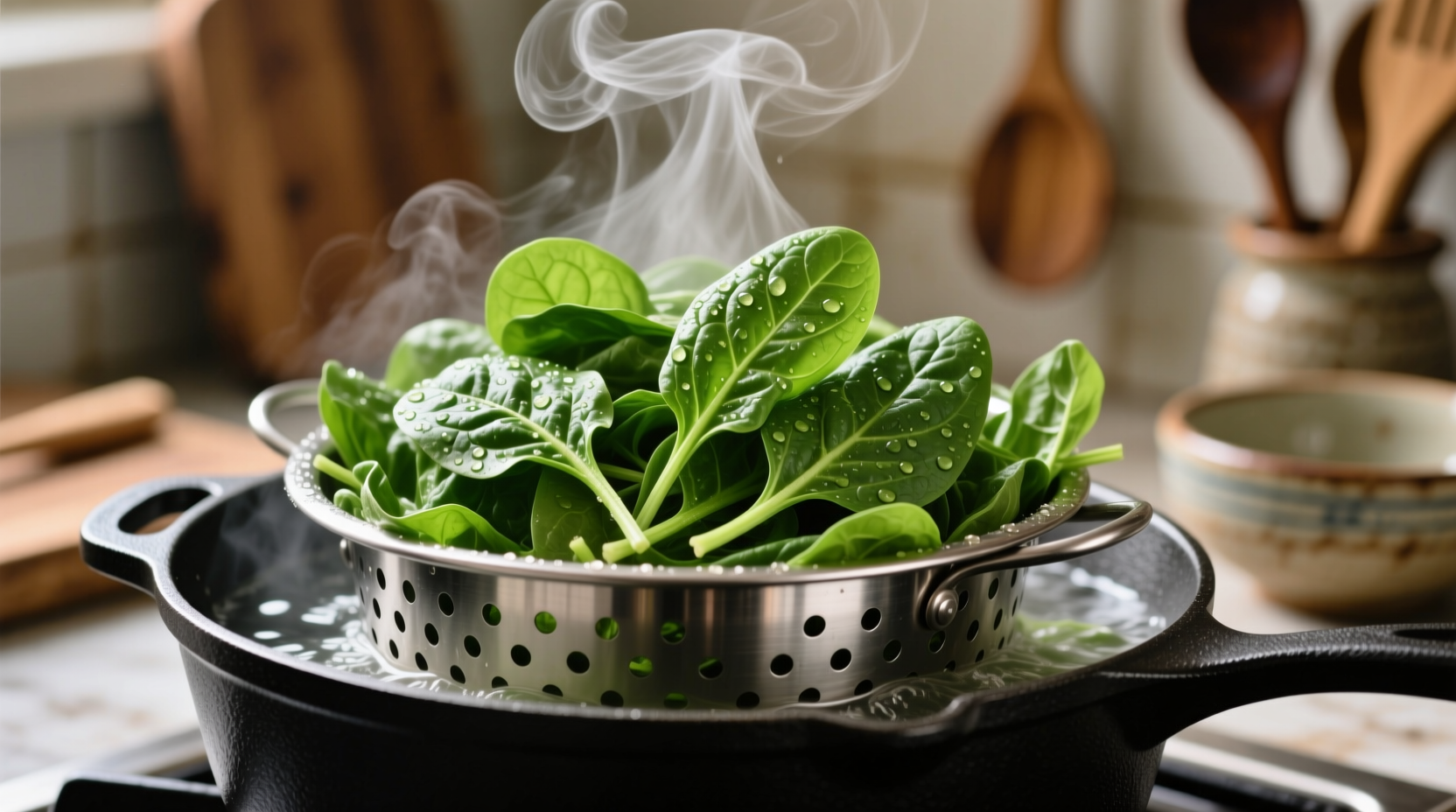 Fresh spinach in steamer basket over simmering water