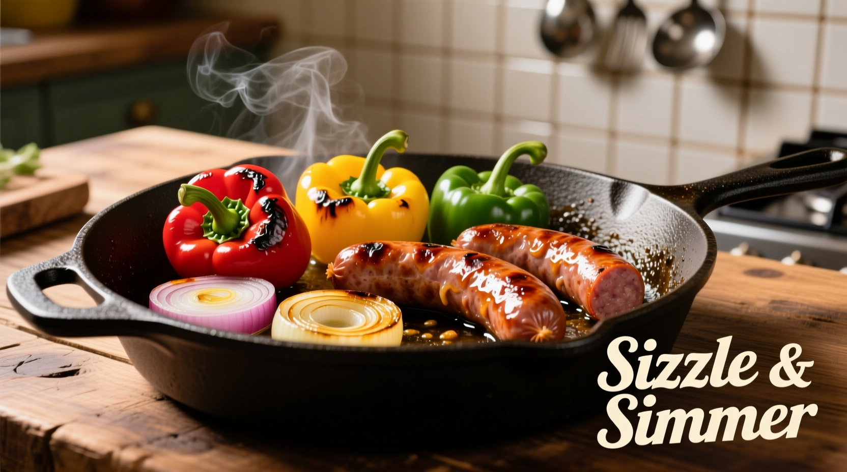 Colorful bell peppers, onions, and Italian sausage cooking in cast iron skillet