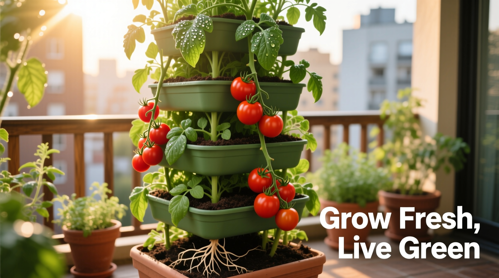 Tomato tower with healthy plants growing vertically