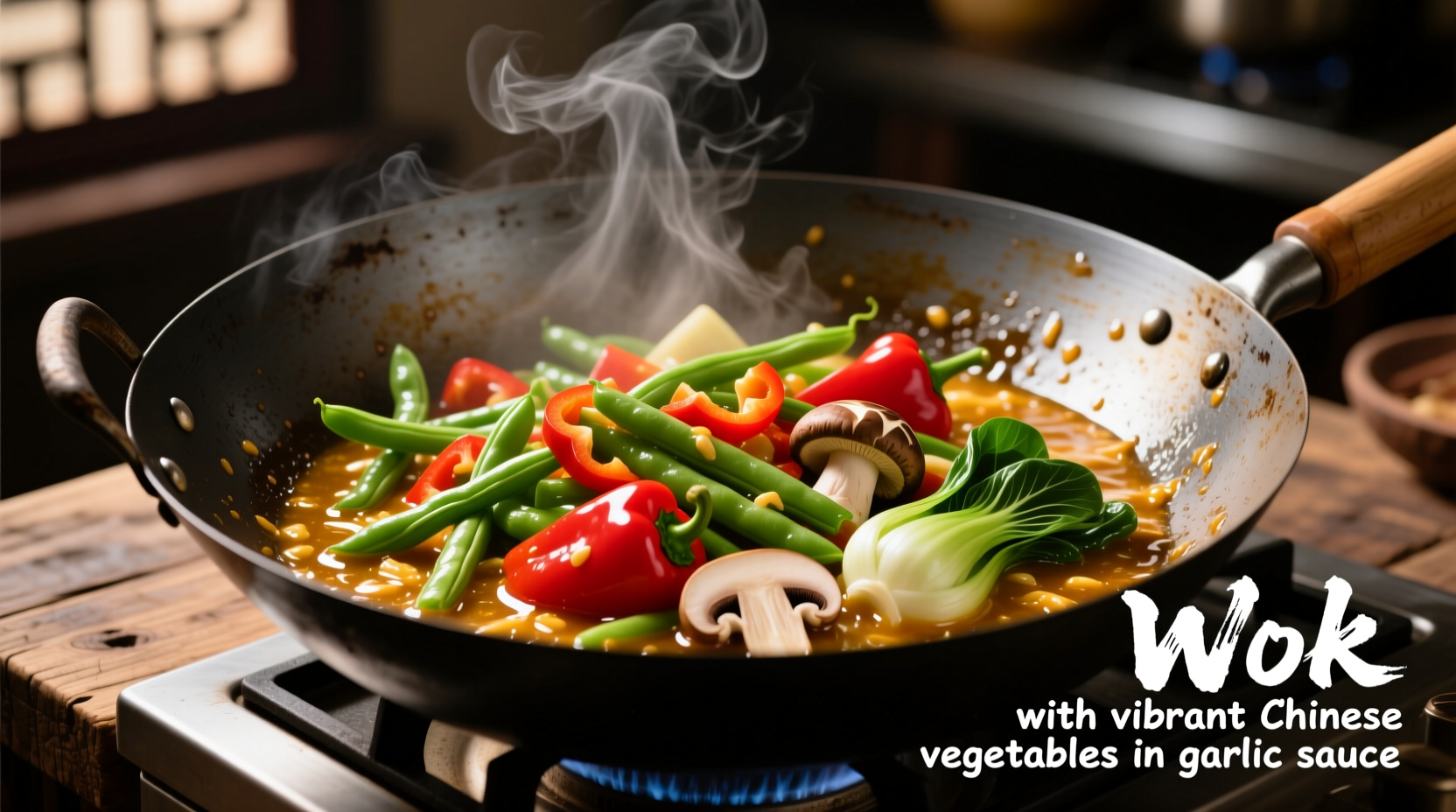Wok with vibrant Chinese vegetables in garlic sauce