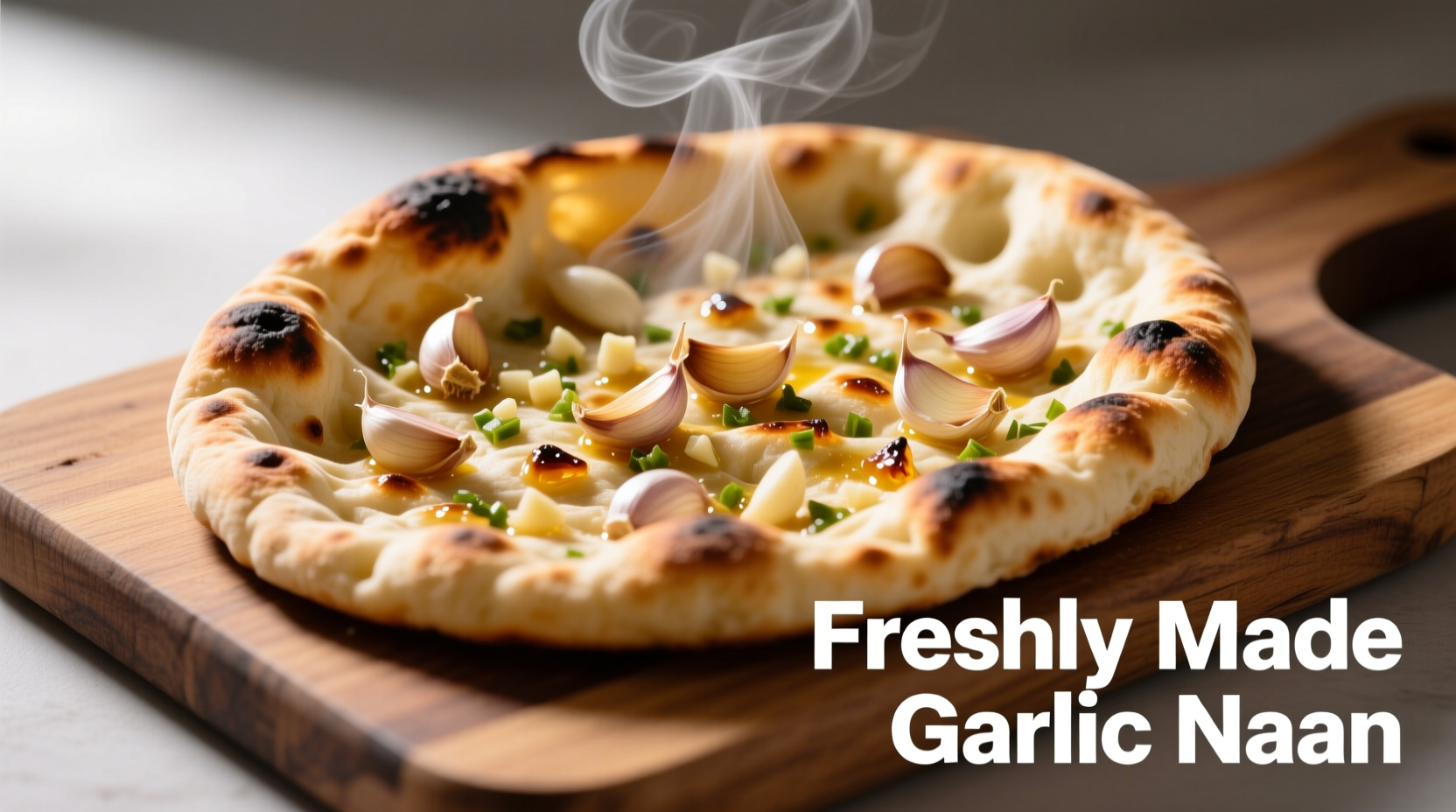 Freshly made garlic naan with visible garlic pieces