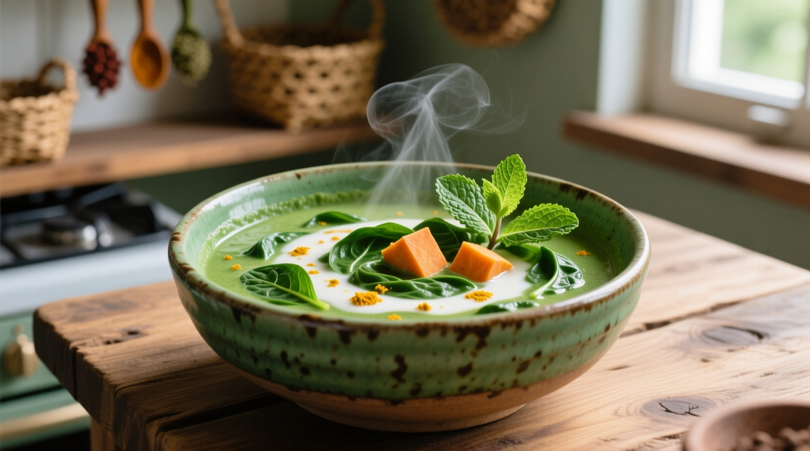 Vibrant green vegan spinach curry in ceramic bowl