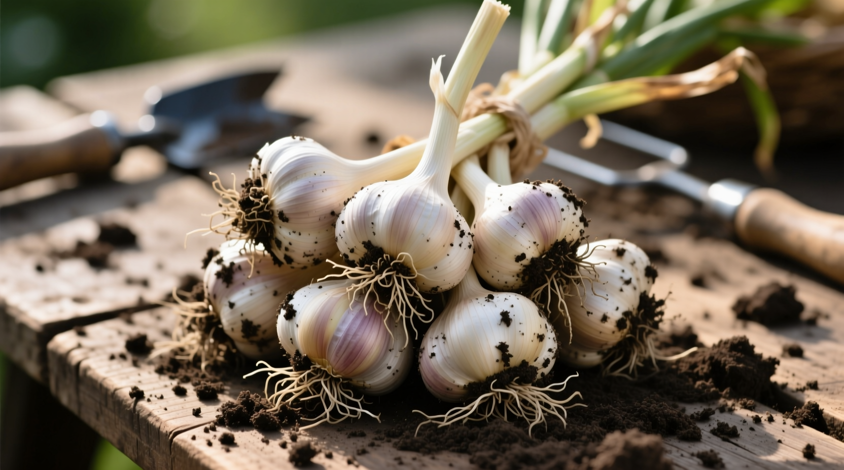 Garlic bulbs with soil still attached showing proper harvest technique