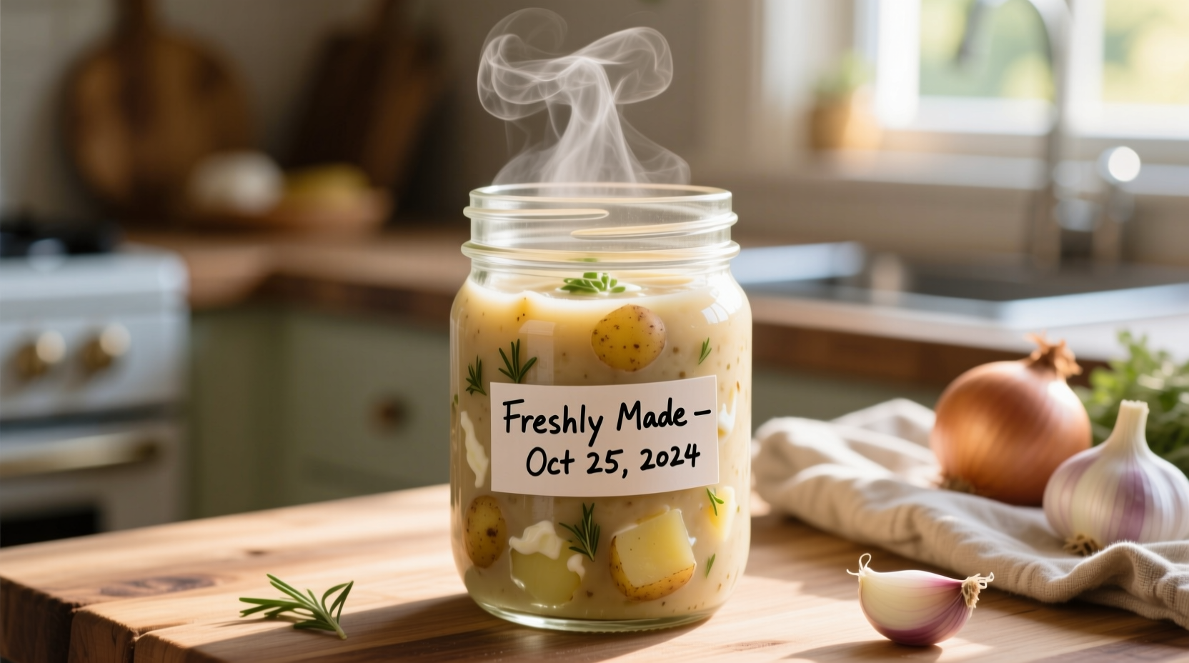 Homemade potato soup in glass container with freshness date