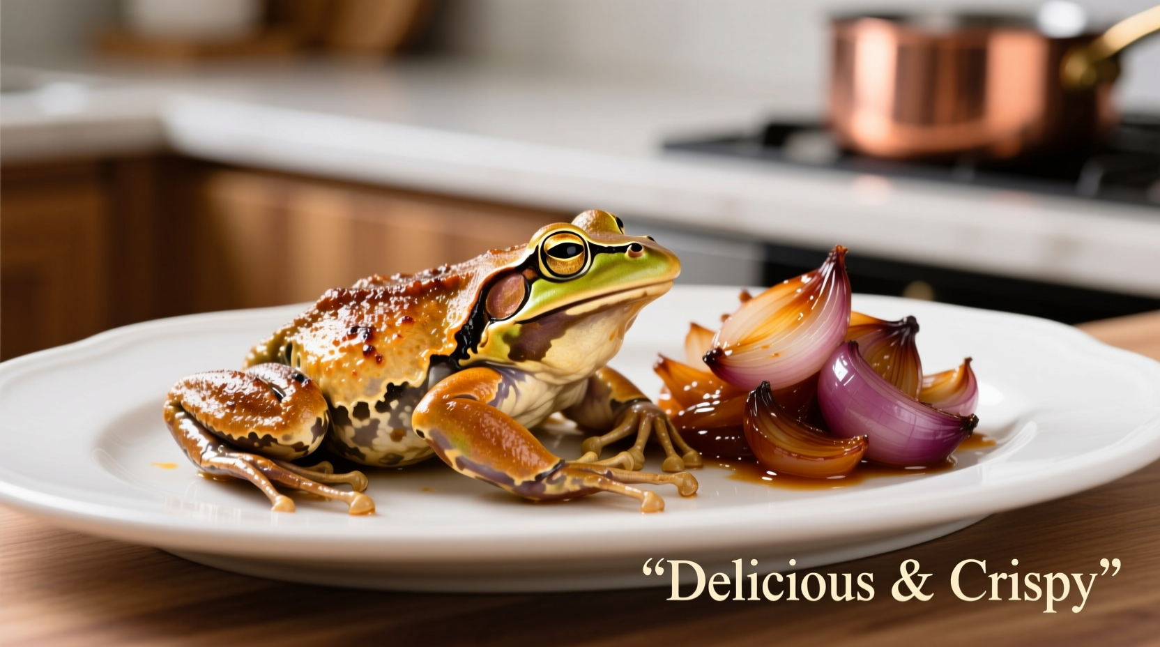 Golden brown frogs' legs with caramelized onions on white plate