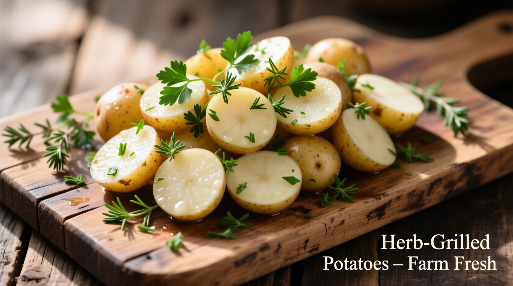 Boiled potatoes with herbs on wooden board
