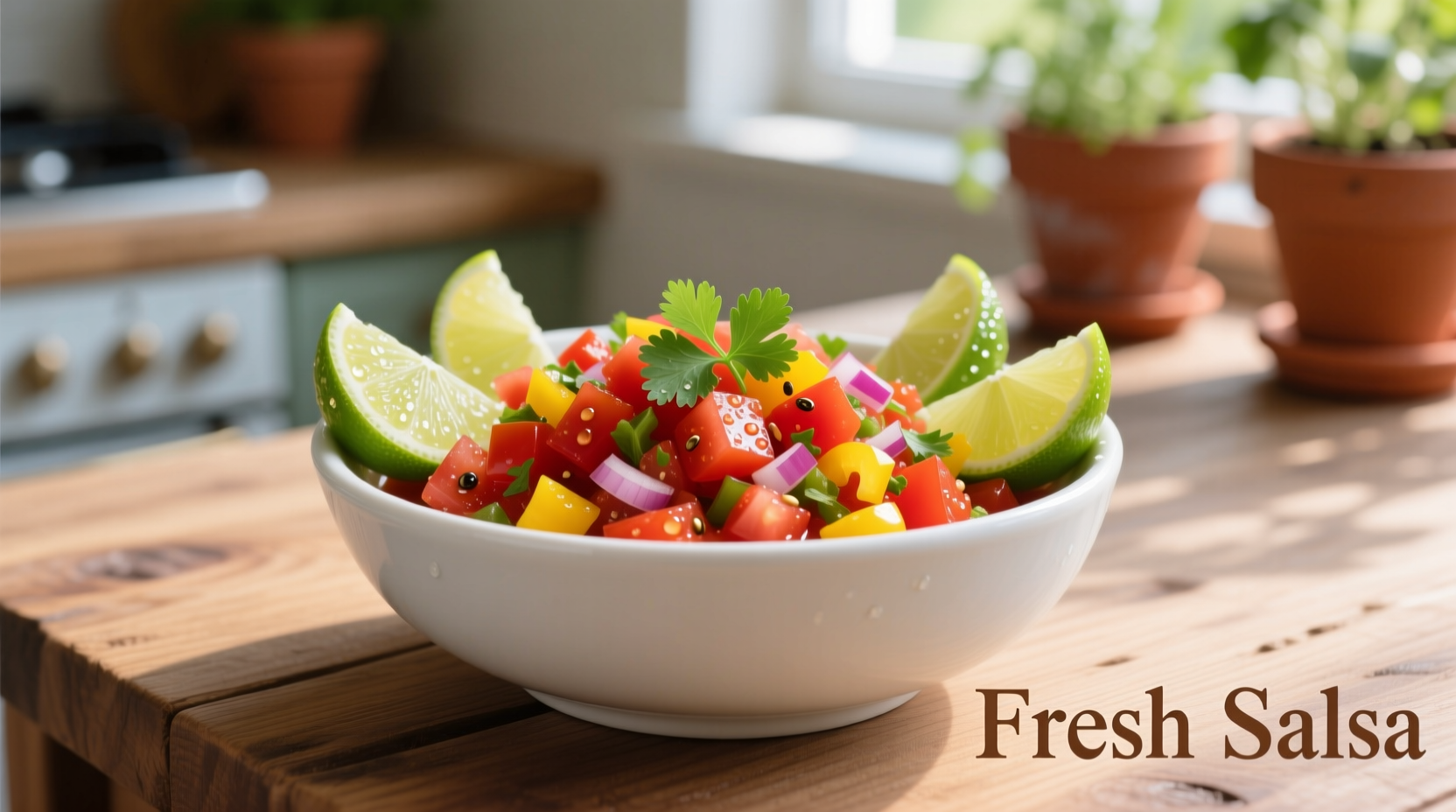 Fresh tomato salsa in white bowl with lime wedges