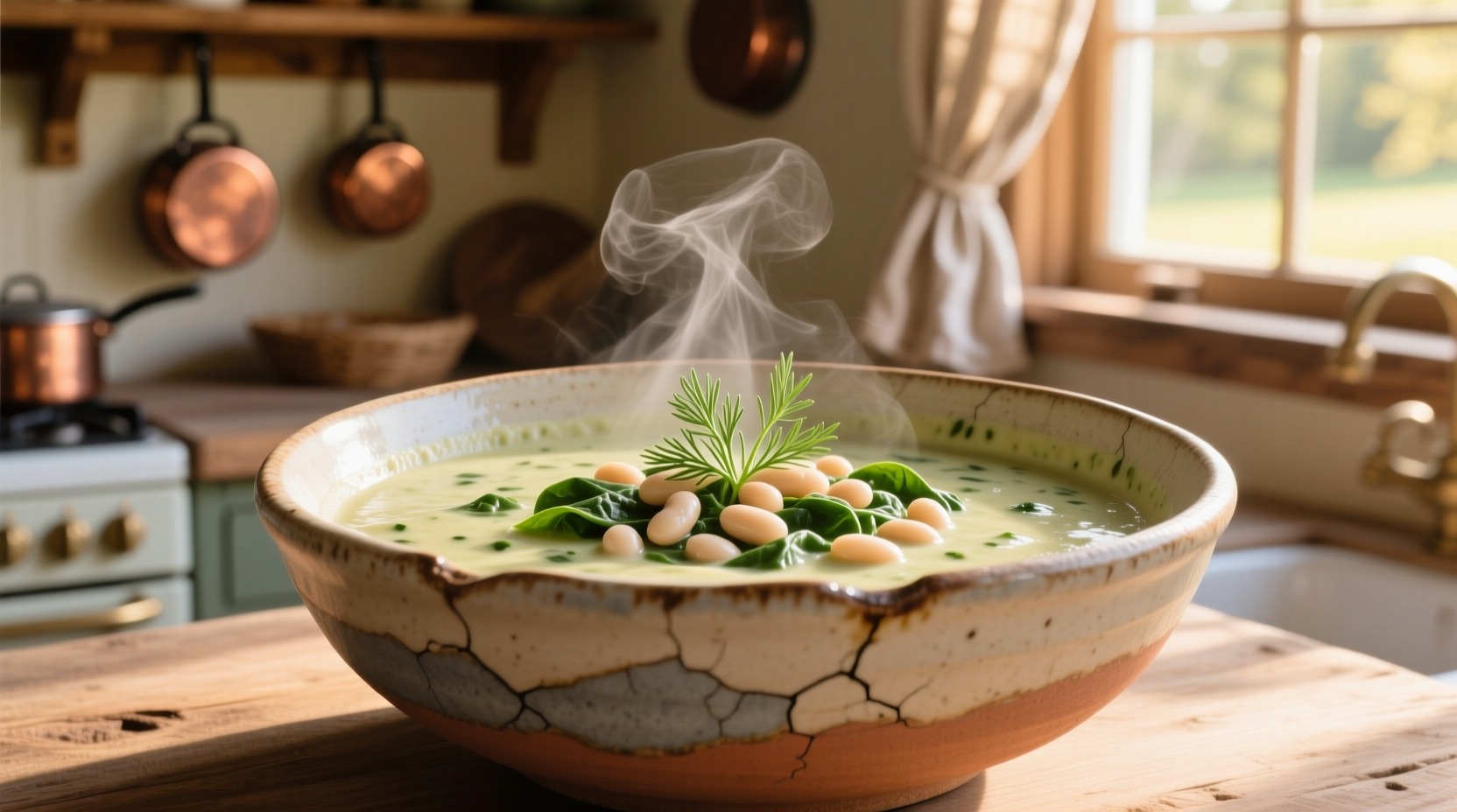 Creamy spinach and white bean soup in rustic bowl