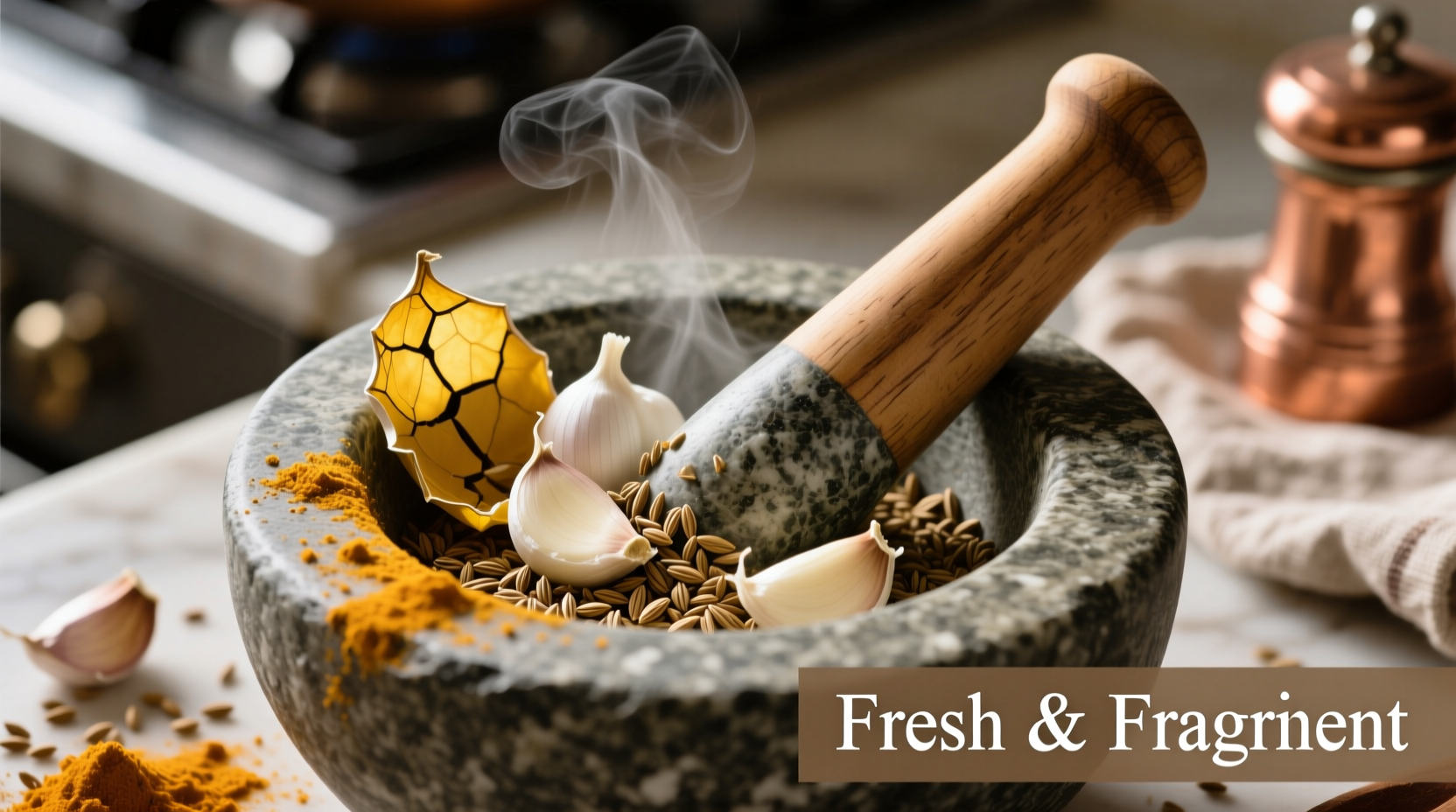 Fresh garlic cloves in mortar with spices