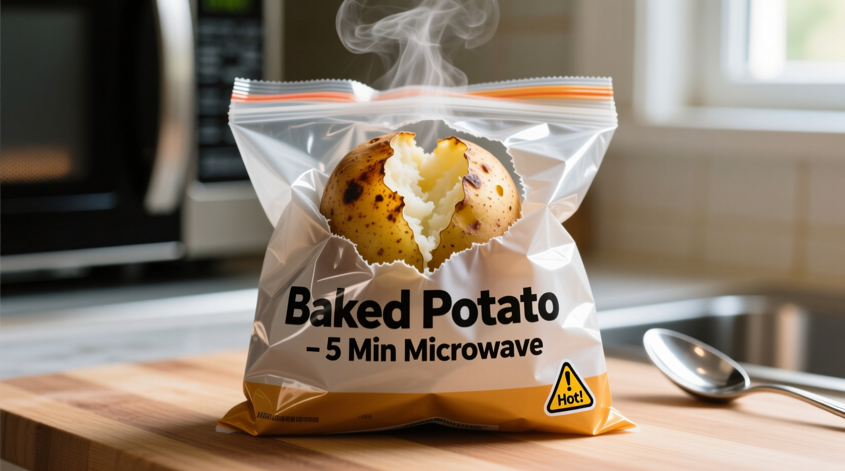 Microwave potato bag with steaming baked potato