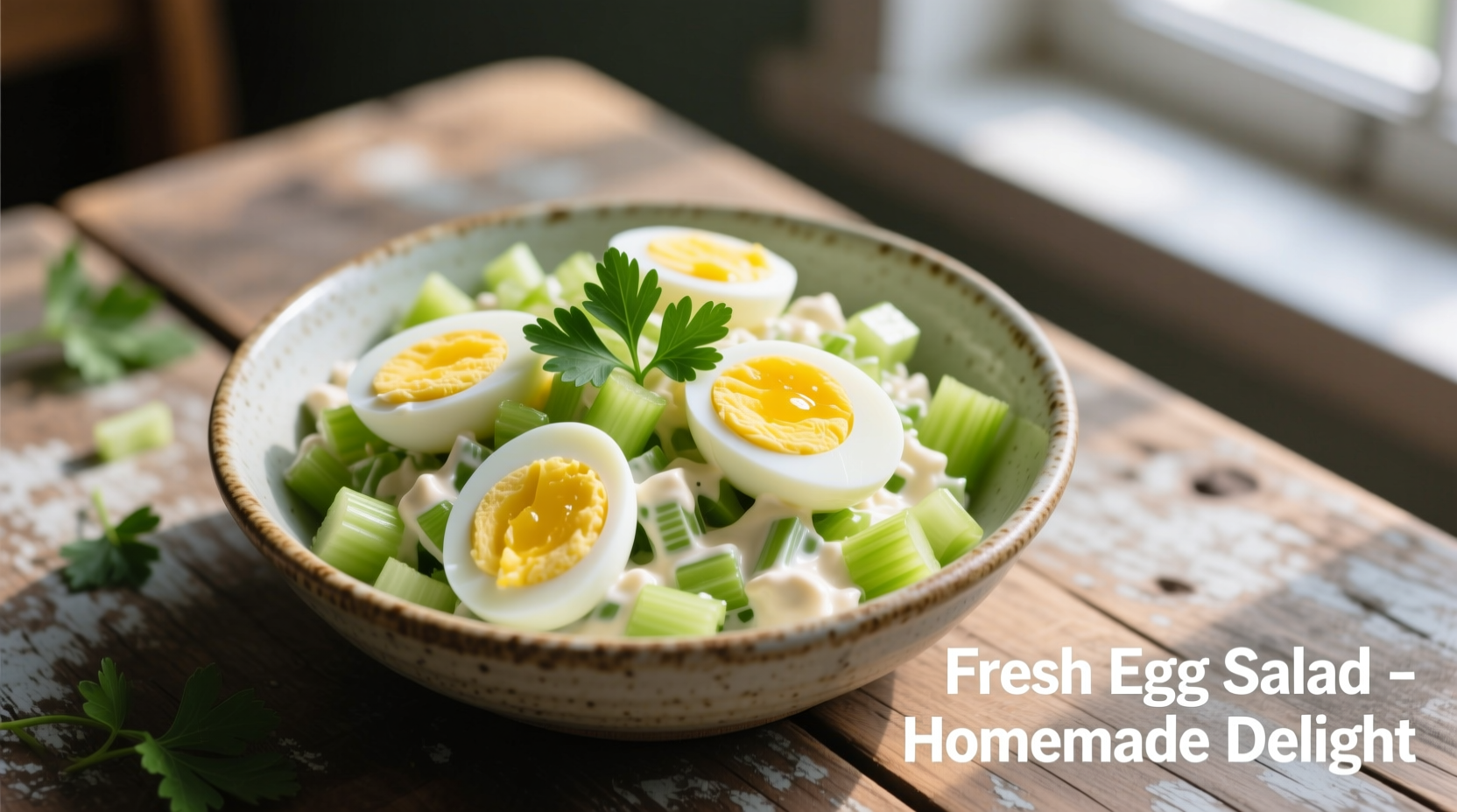 Fresh egg salad with celery in bowl
