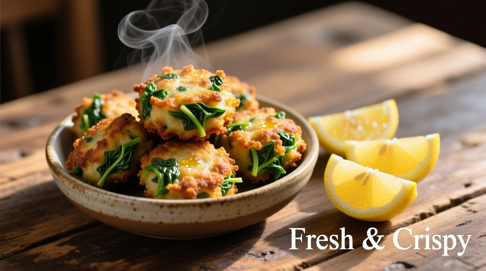 Golden brown spinach fritters served with lemon wedges