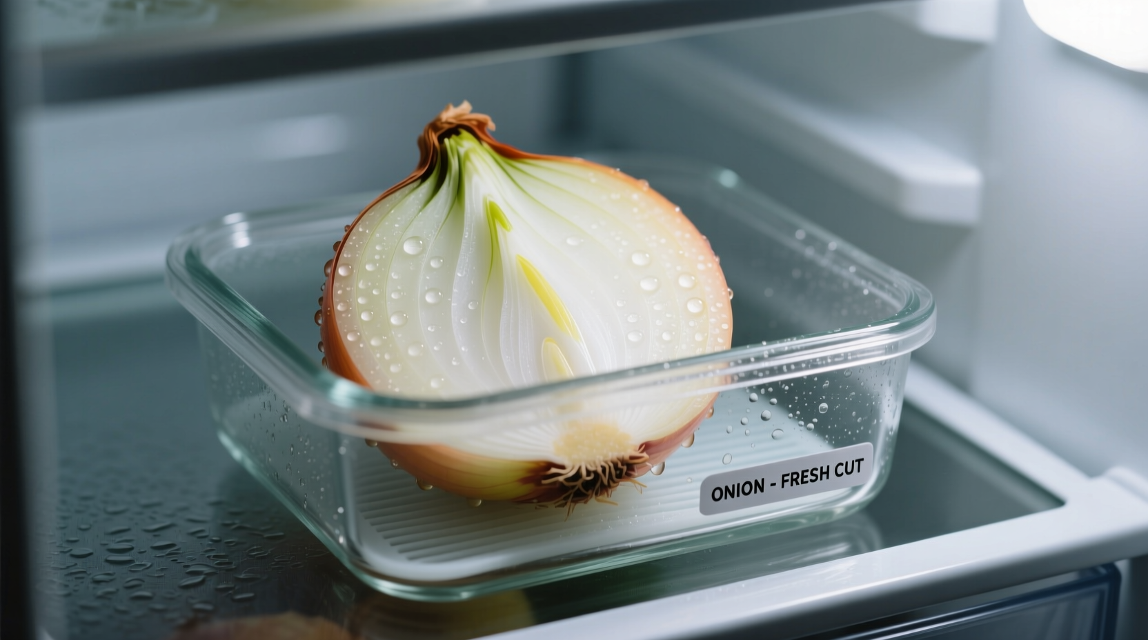 Fresh cut onion stored in glass container in refrigerator