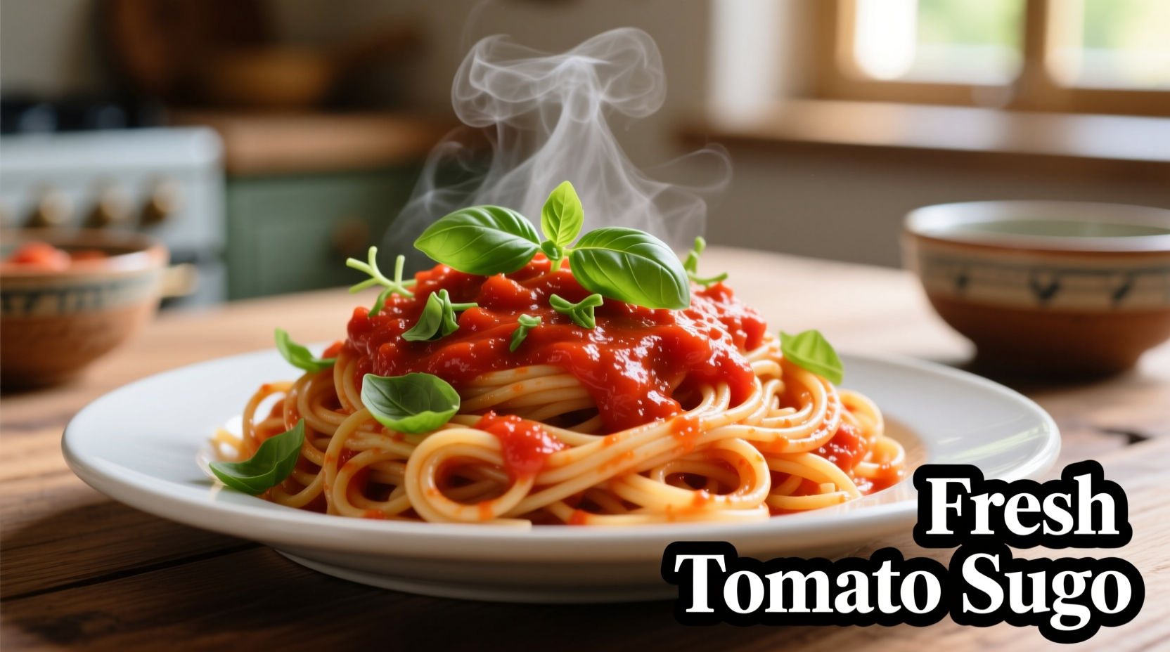 Fresh tomato sugo with basil garnish on pasta