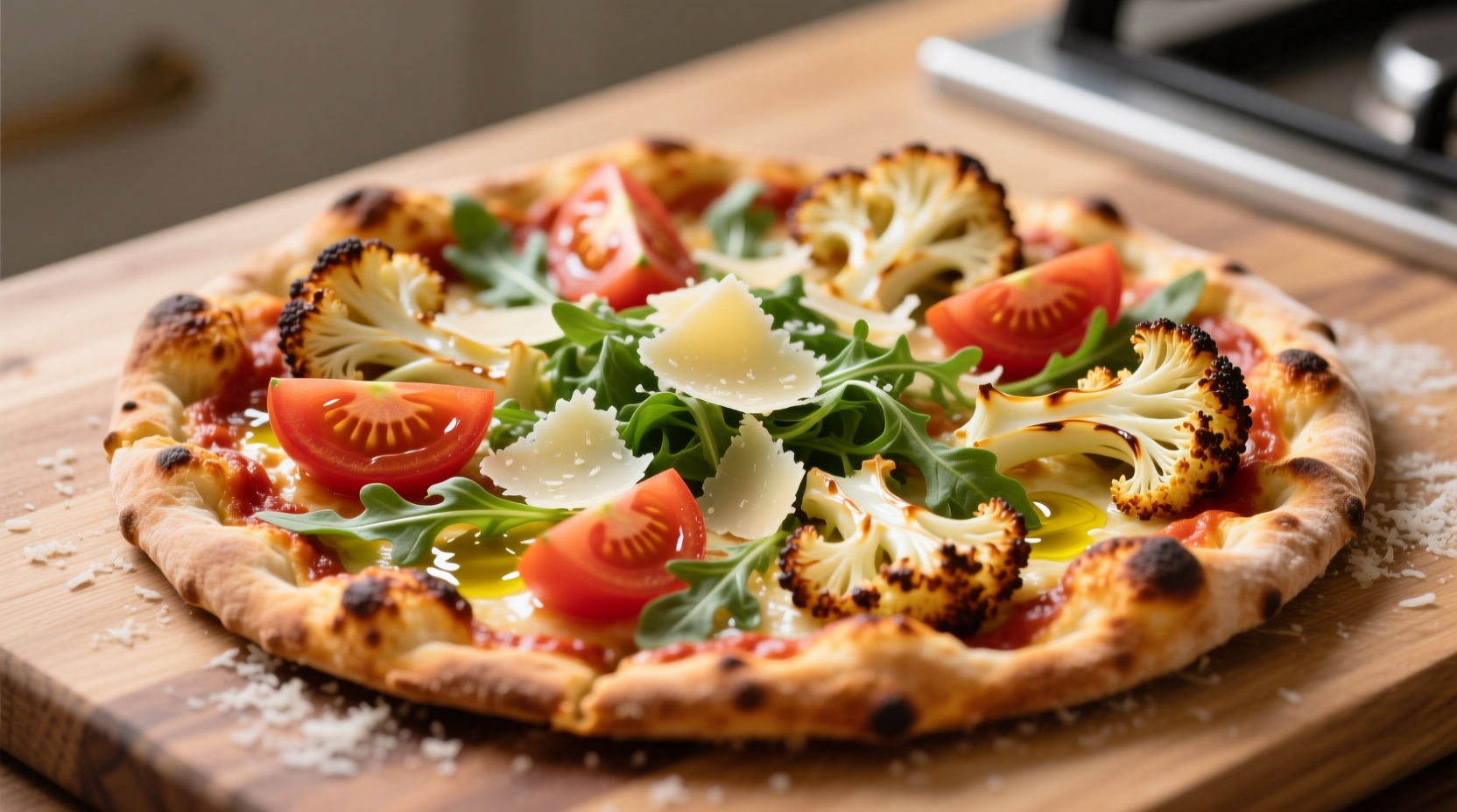 Crispy golden cauliflower pizza crust topped with fresh ingredients