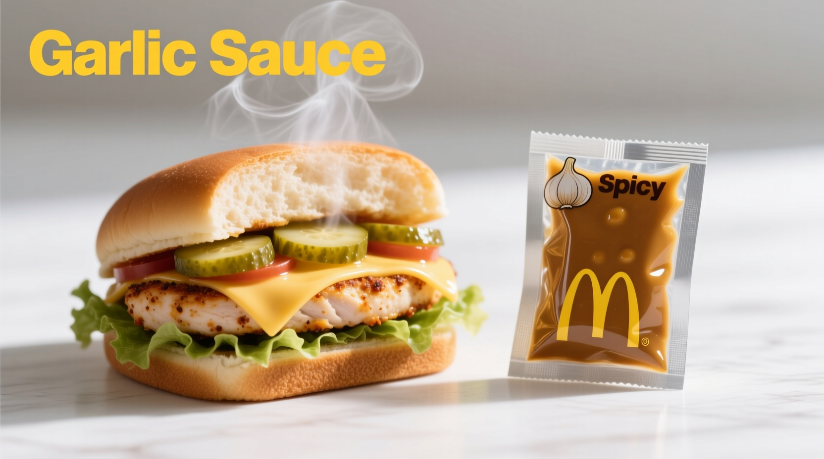 McDonald's garlic sauce packet next to McSpicy sandwich