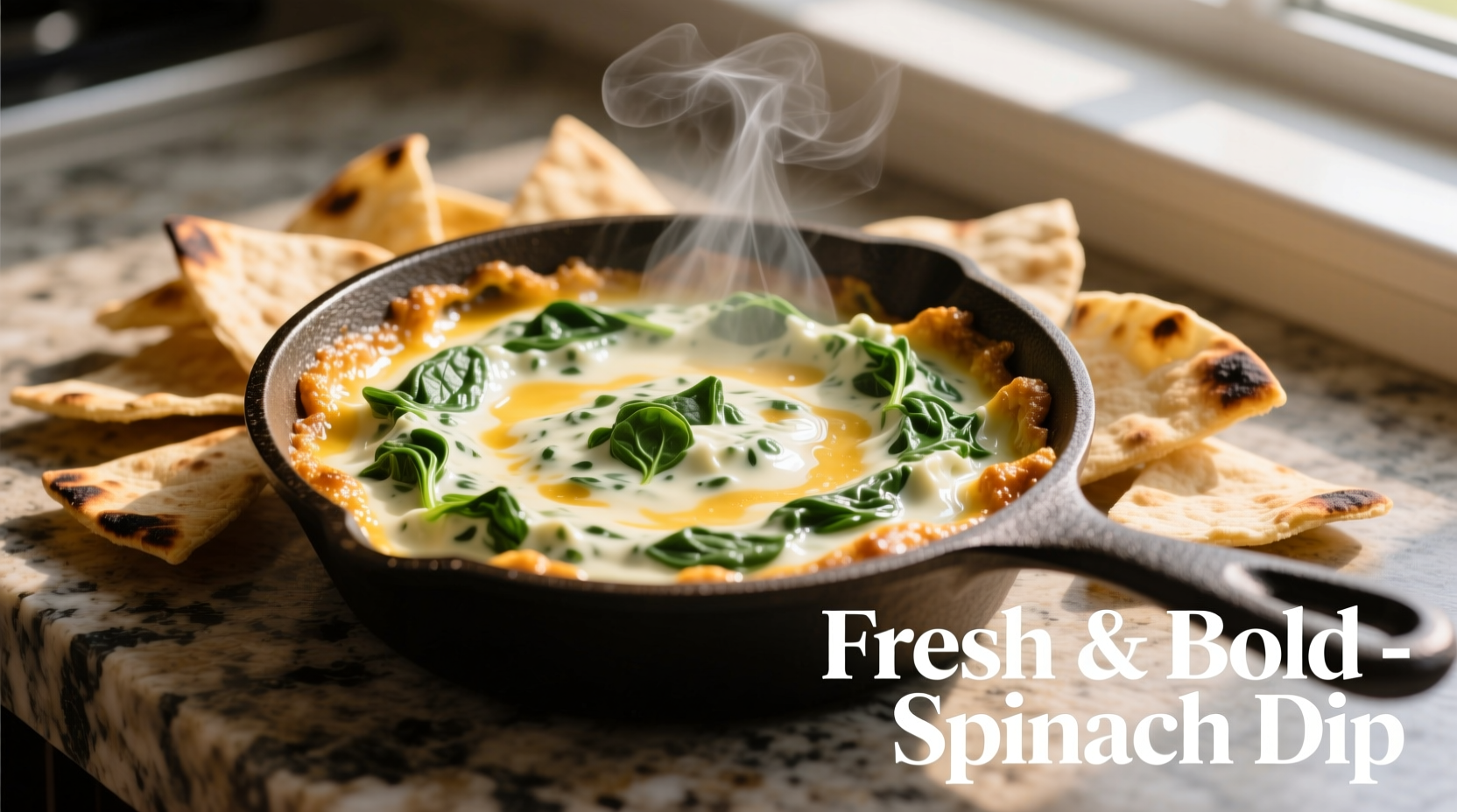 Creamy spinach dip served in cast iron skillet with pita chips