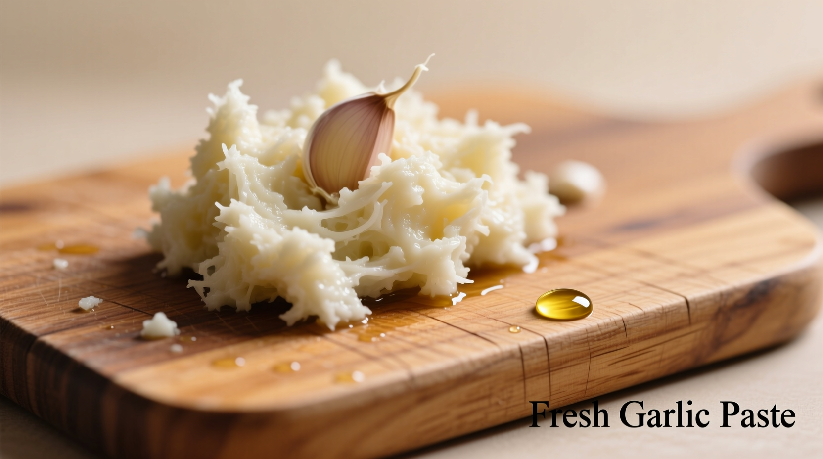 Freshly mashed garlic paste on wooden cutting board