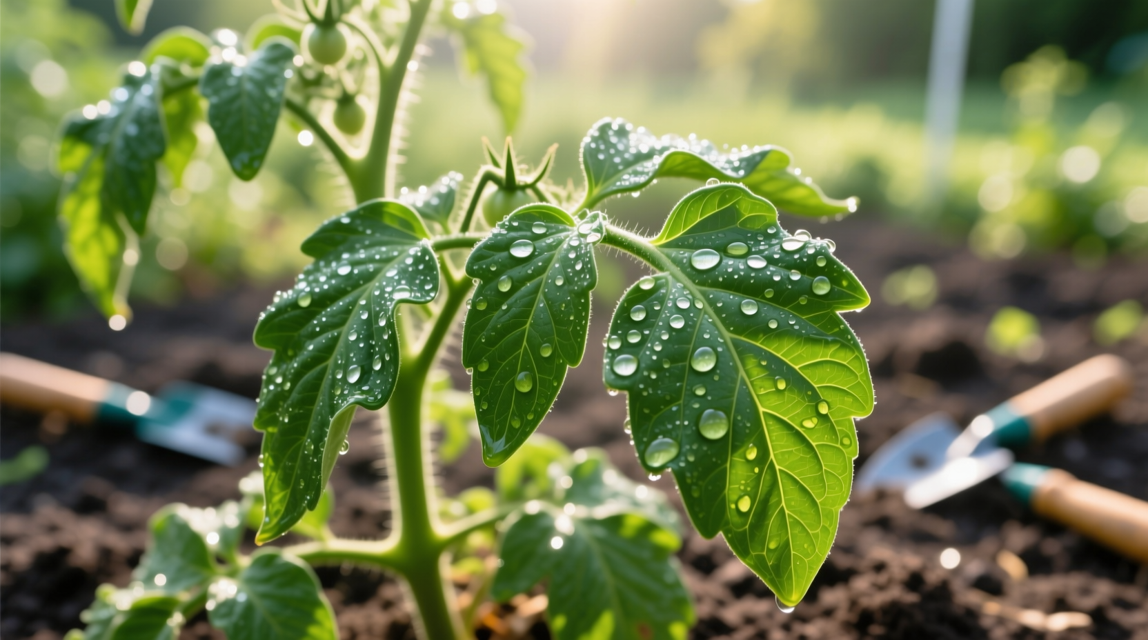 Tomato plant with healthy leaves treated with baking soda solution
