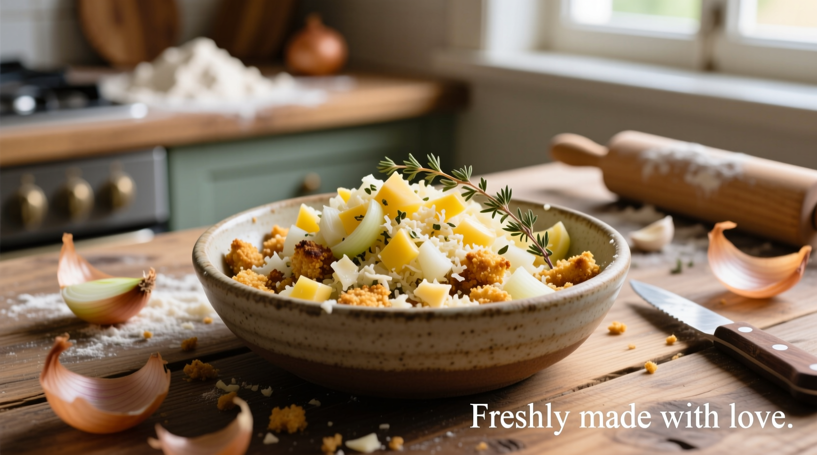 Homemade onion breading mixture in bowl with fresh ingredients
