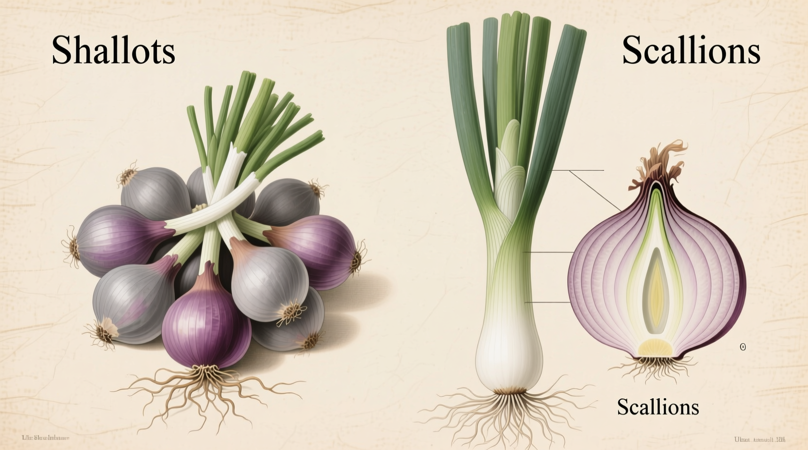 Shallots and scallions side by side comparison