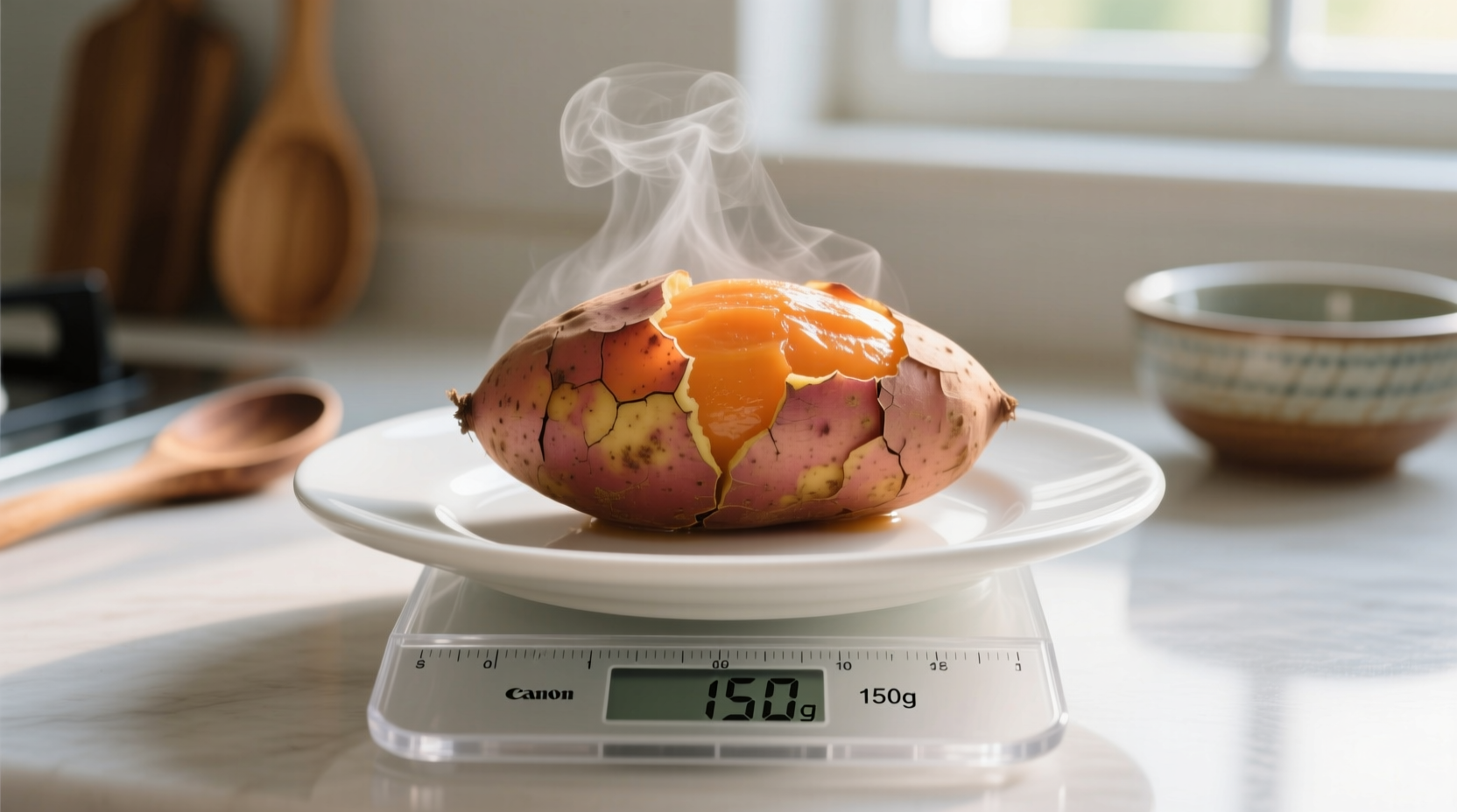 Boiled sweet potato with measuring scale showing portion size