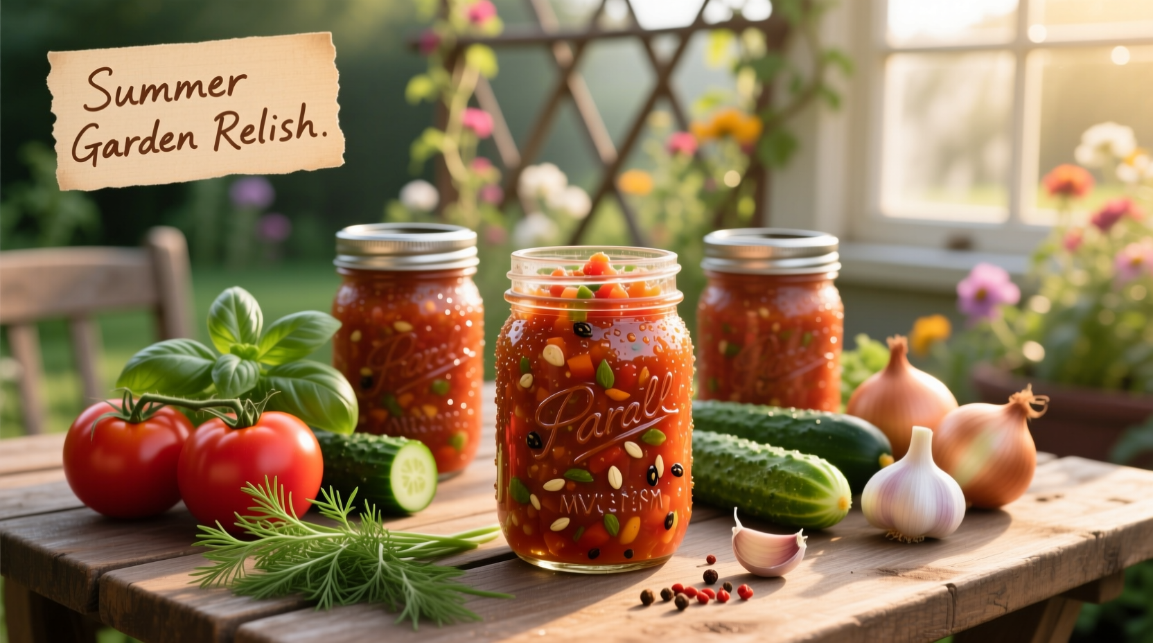 Fresh tomato relish in mason jars with garden ingredients