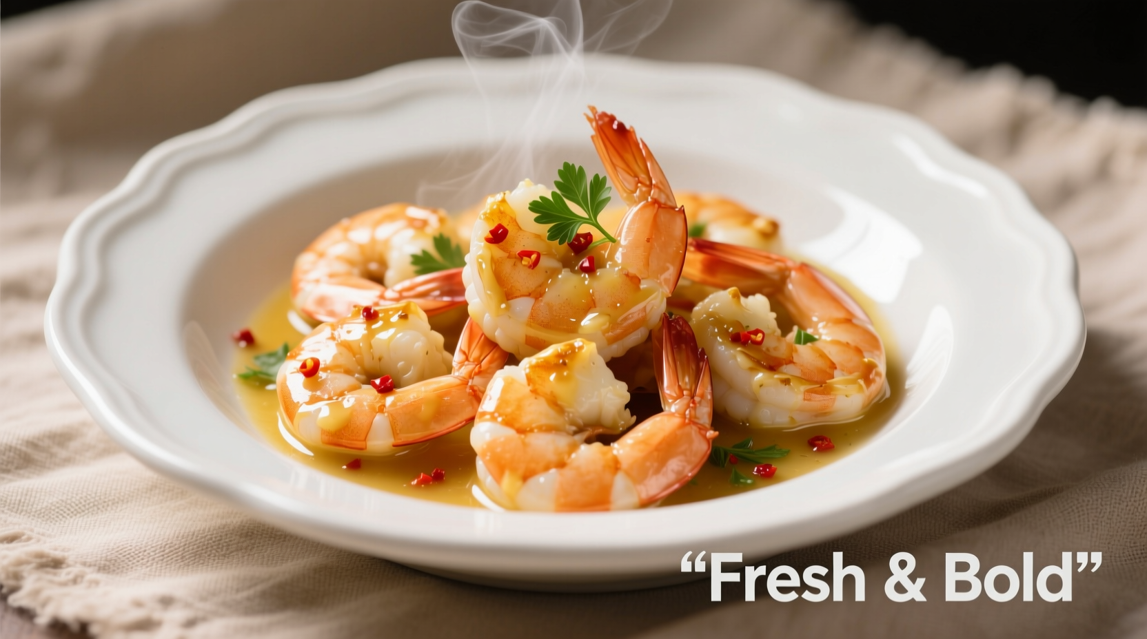 Perfectly cooked buttered garlic shrimp in white ceramic dish