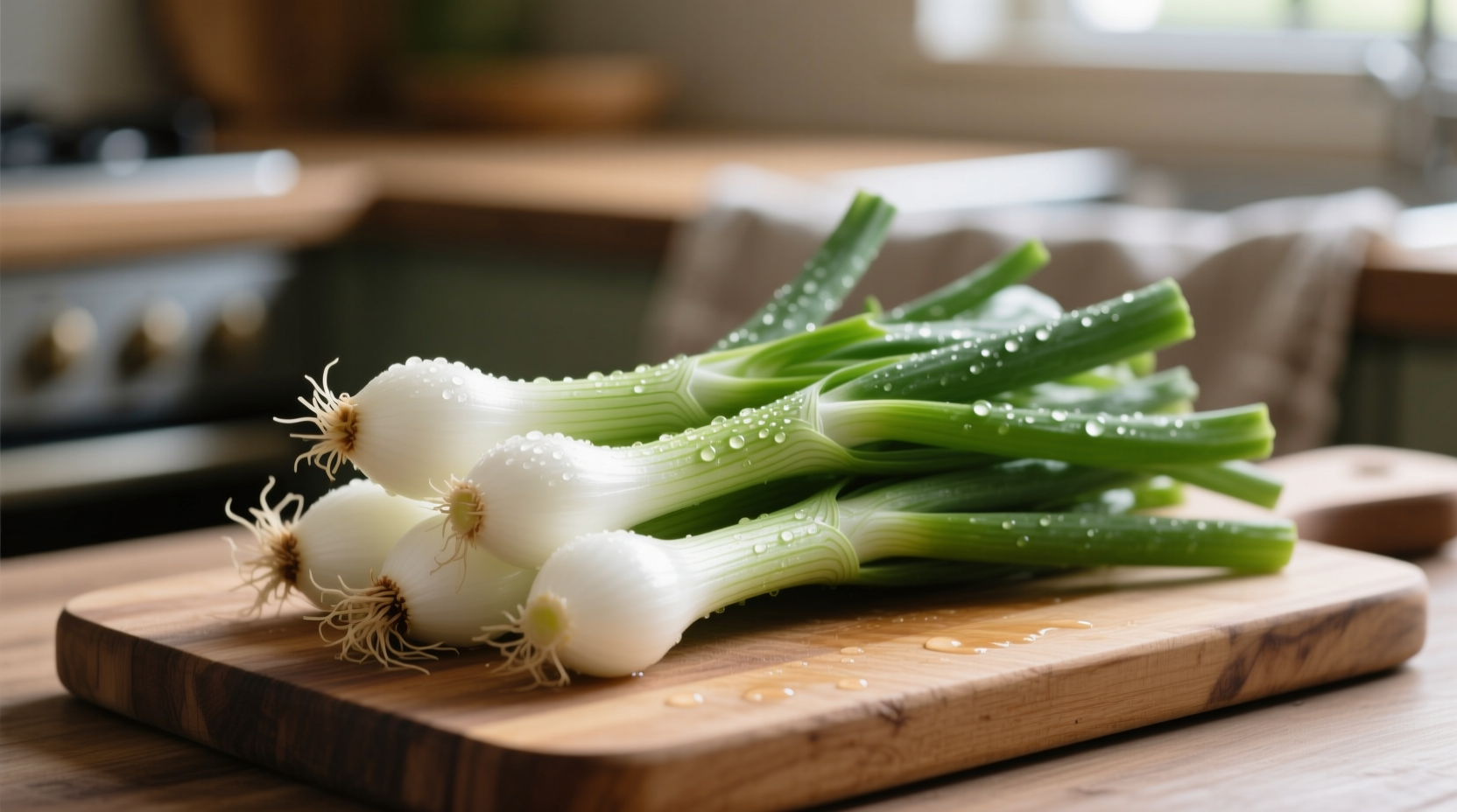 Fresh salad onions with crisp white bases and vibrant green stalks