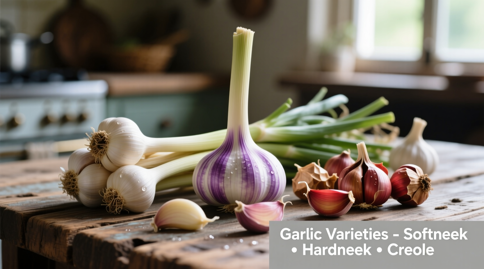 Fresh garlic varieties showing softneck hardneck and creole types