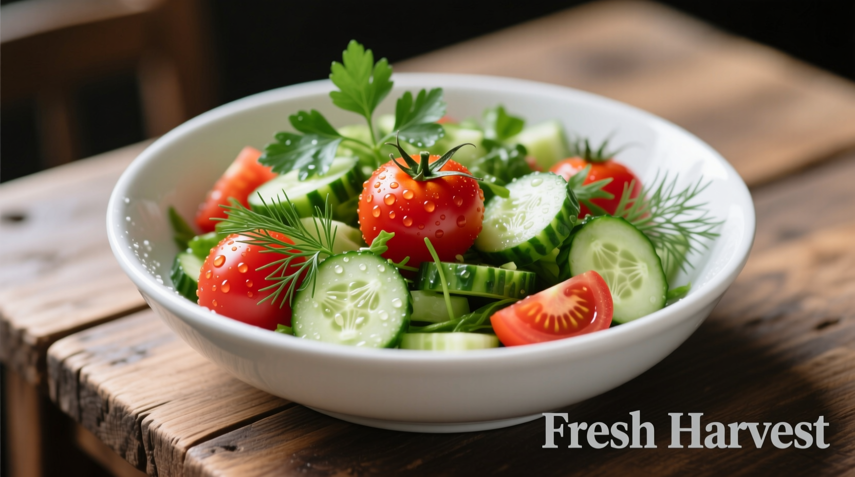 Fresh tomato cucumber salad with herbs in white bowl