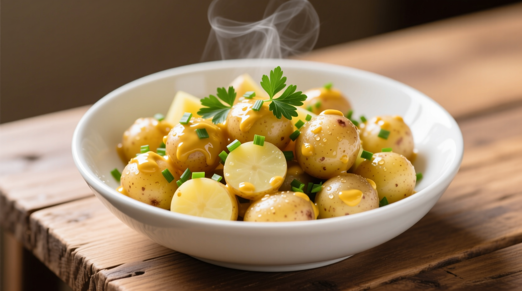 Fresh mustard potato salad in white bowl