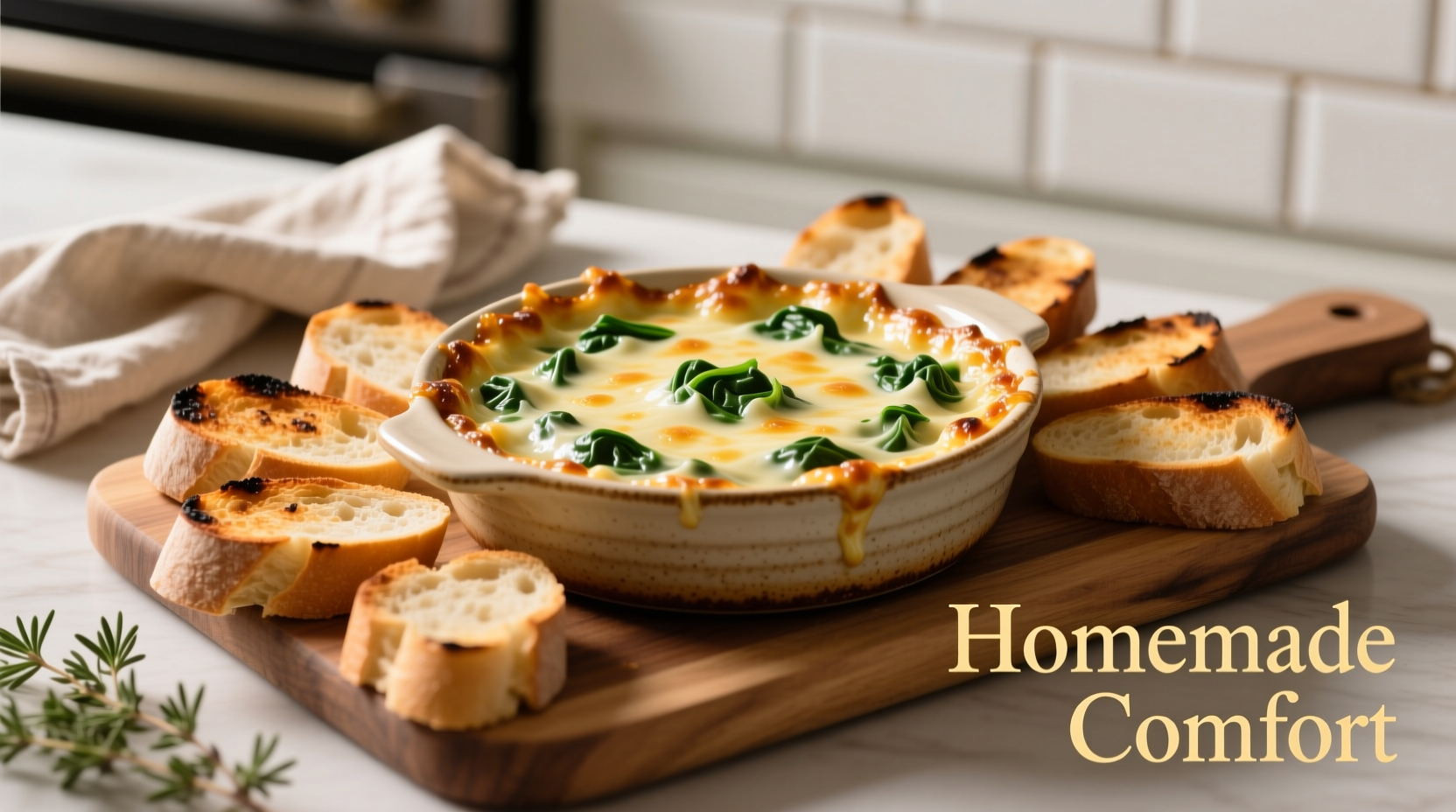 Creamy artichoke spinach dip in baking dish with bread