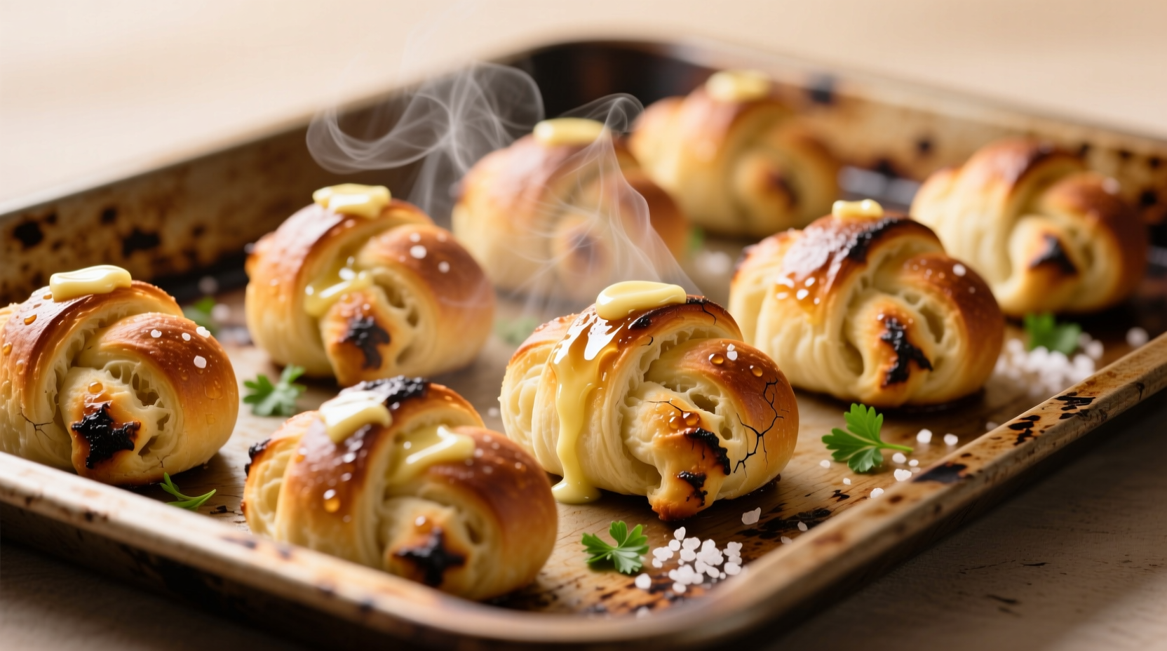 Freshly baked garlic knots on baking sheet