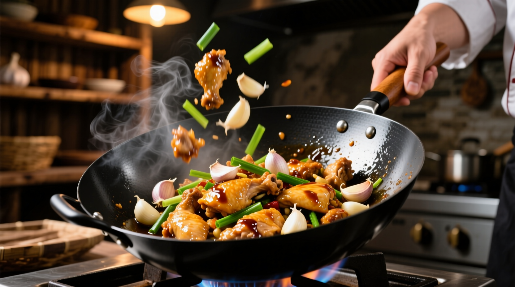 Fresh garlic chicken stir-fry in wok