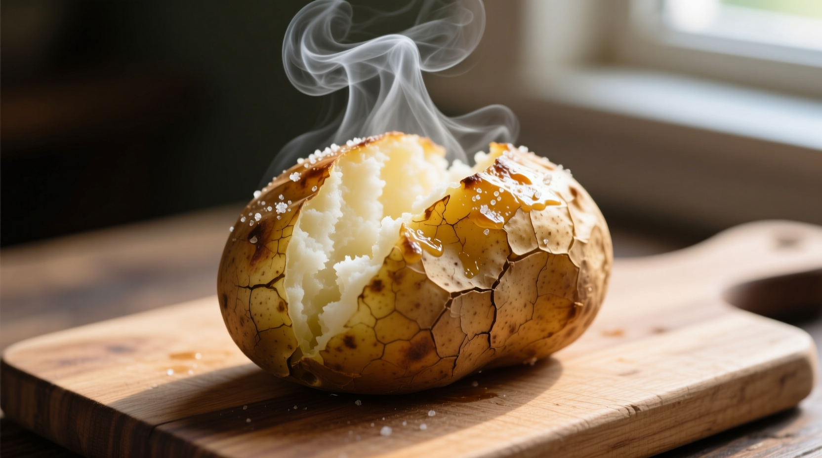 Perfectly reheated baked potato with steam rising