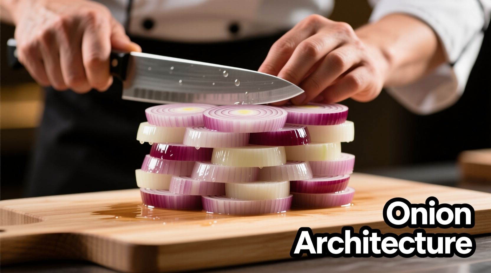 Chef arranging sliced onions into a stable brick formation