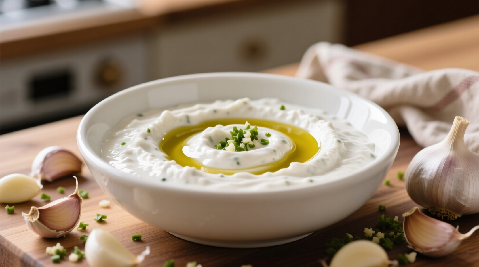 Homemade toum garlic sauce in white bowl with garlic cloves