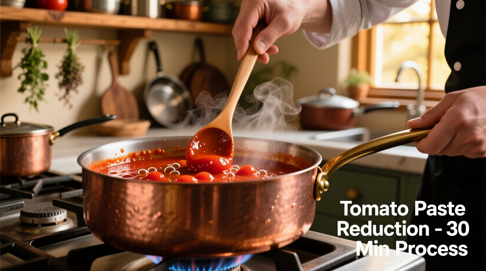 Chef reducing tomato sauce to substitute for paste