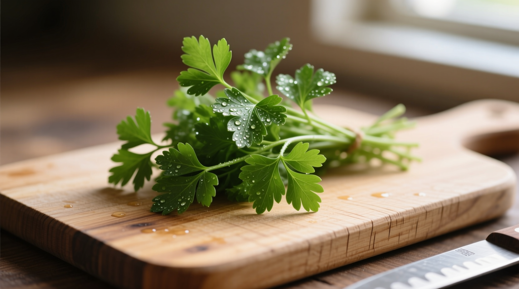Fresh parsley bunch with chopping board