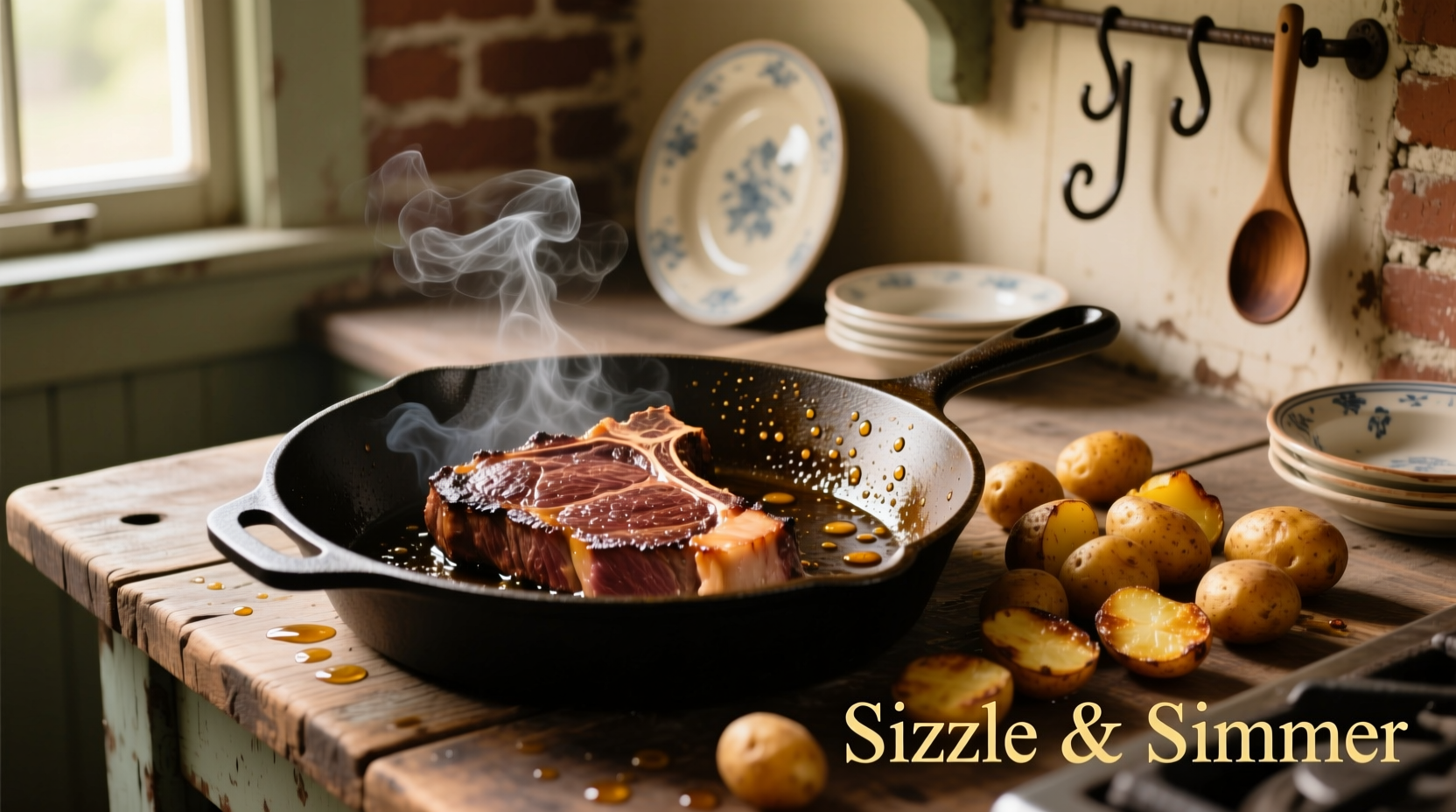 Cast iron skillet with sizzling steak and golden potatoes