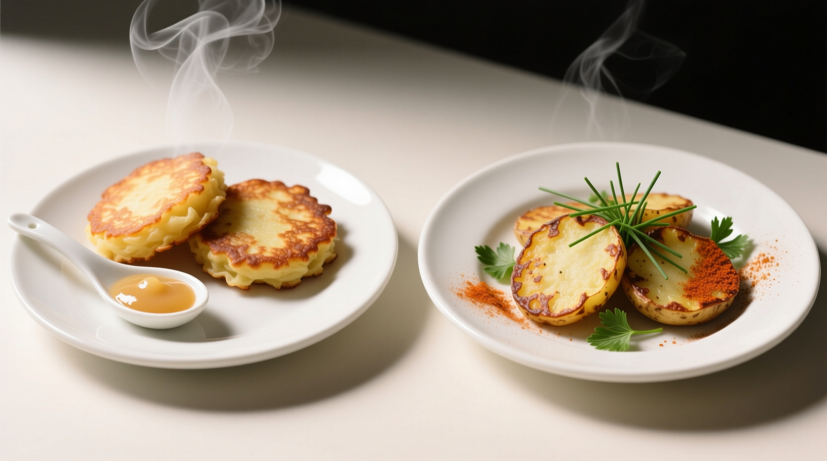 Side-by-side comparison of traditional German potato cakes with applesauce versus innovative versions featuring herb garnishes and spice-dusted edges