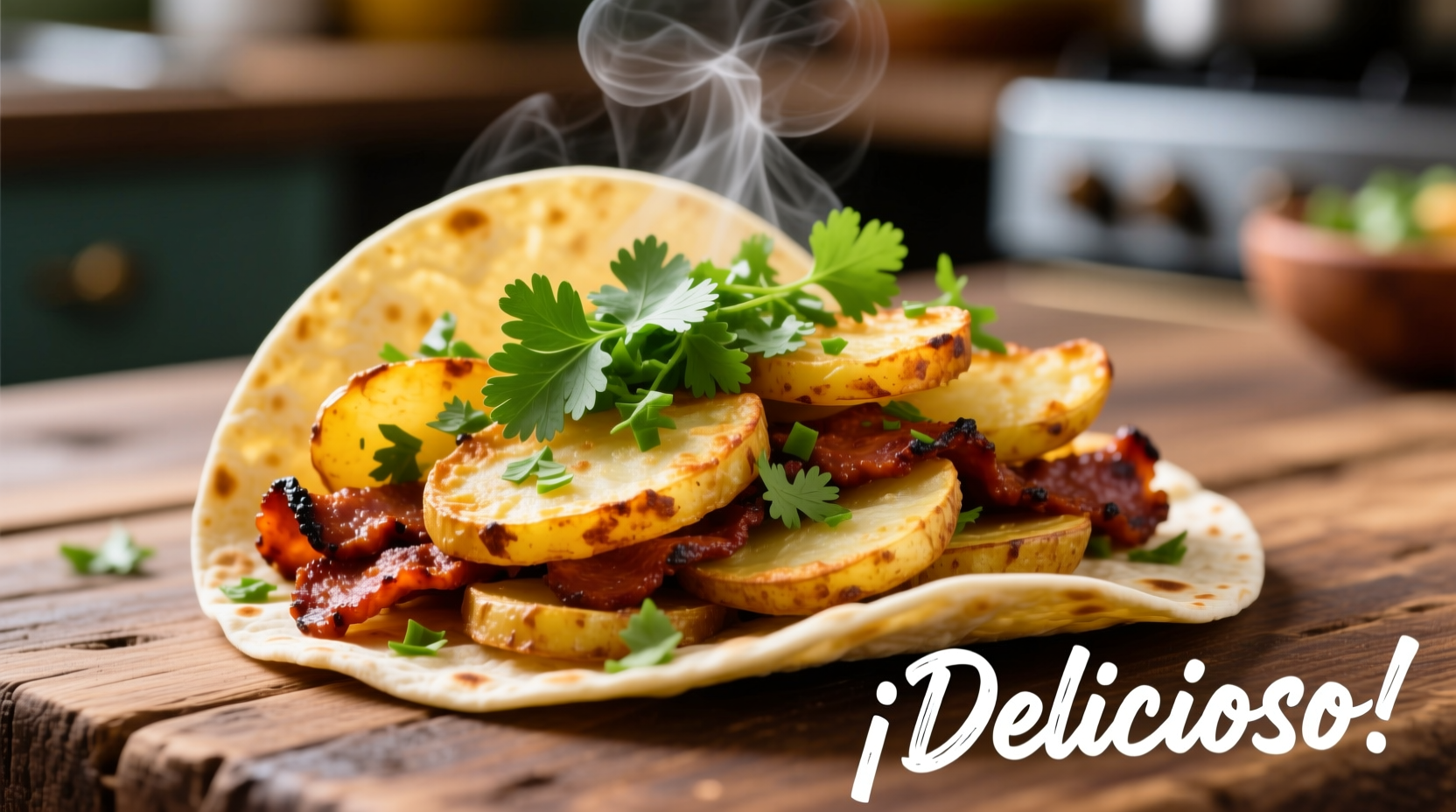 Crispy potato and chorizo tacos with cilantro garnish