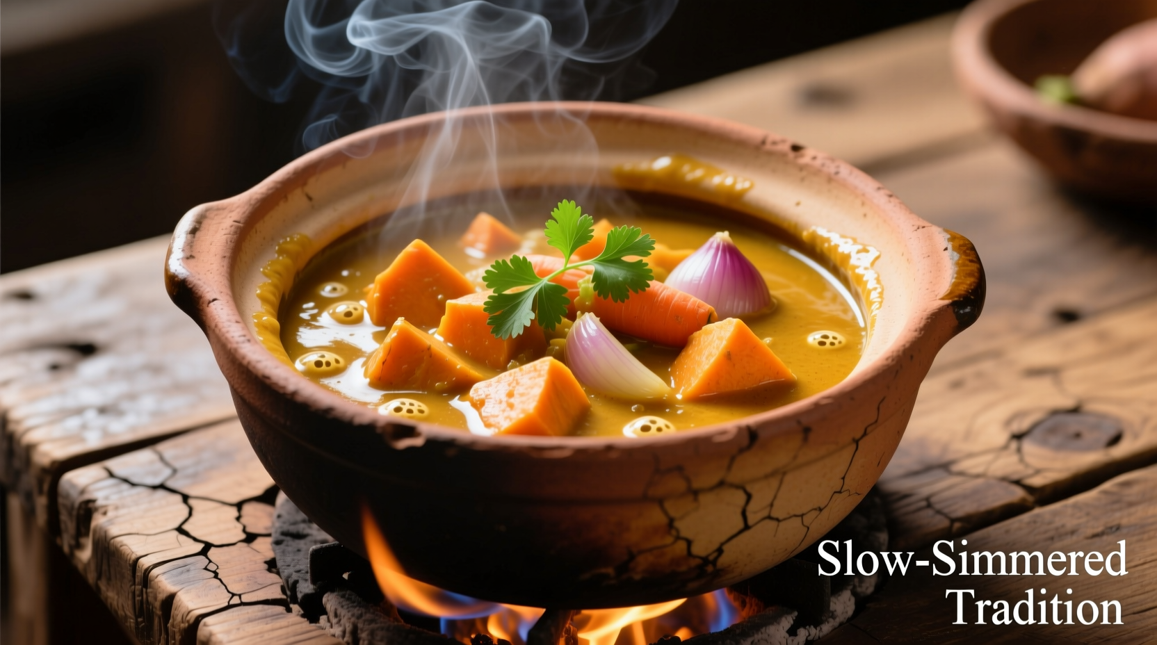 Sweet potato curry simmering in a traditional clay pot