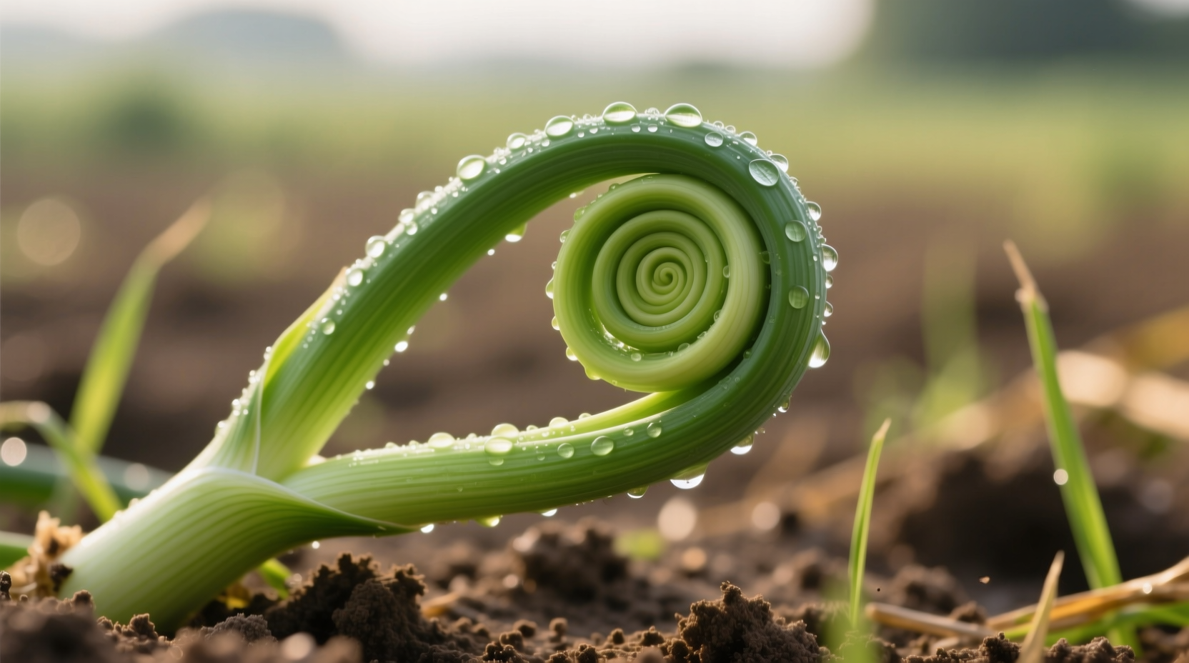 Freshly harvested garlic scapes with curling tips