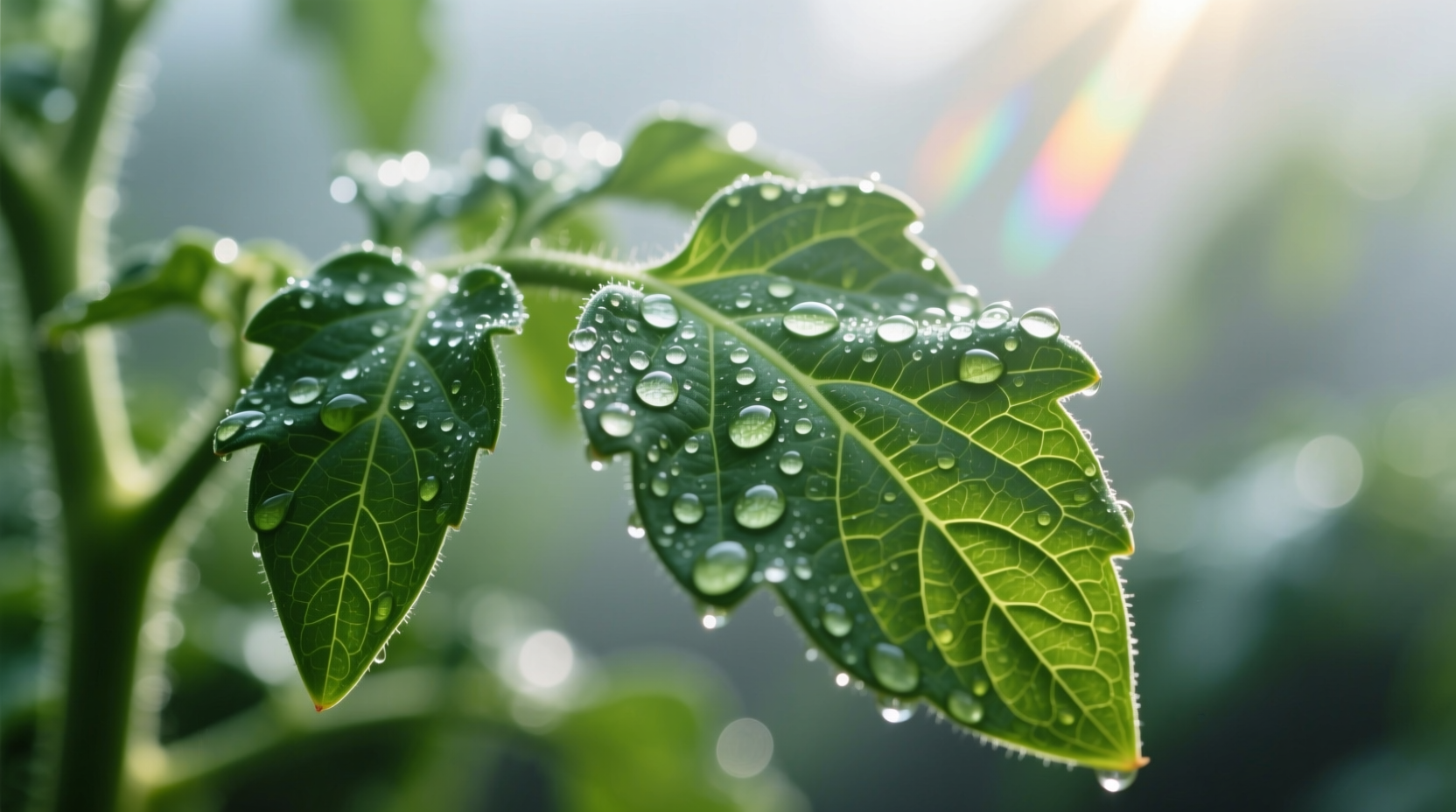 Close-up of healthy tomato leaves with water droplets