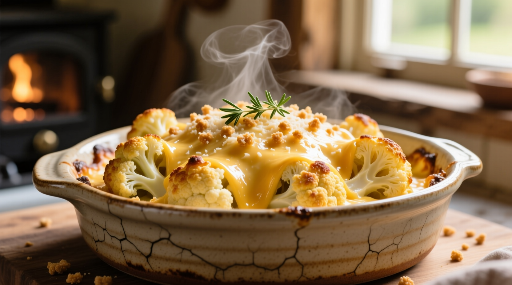 Golden baked cauliflower cheese in ceramic dish
