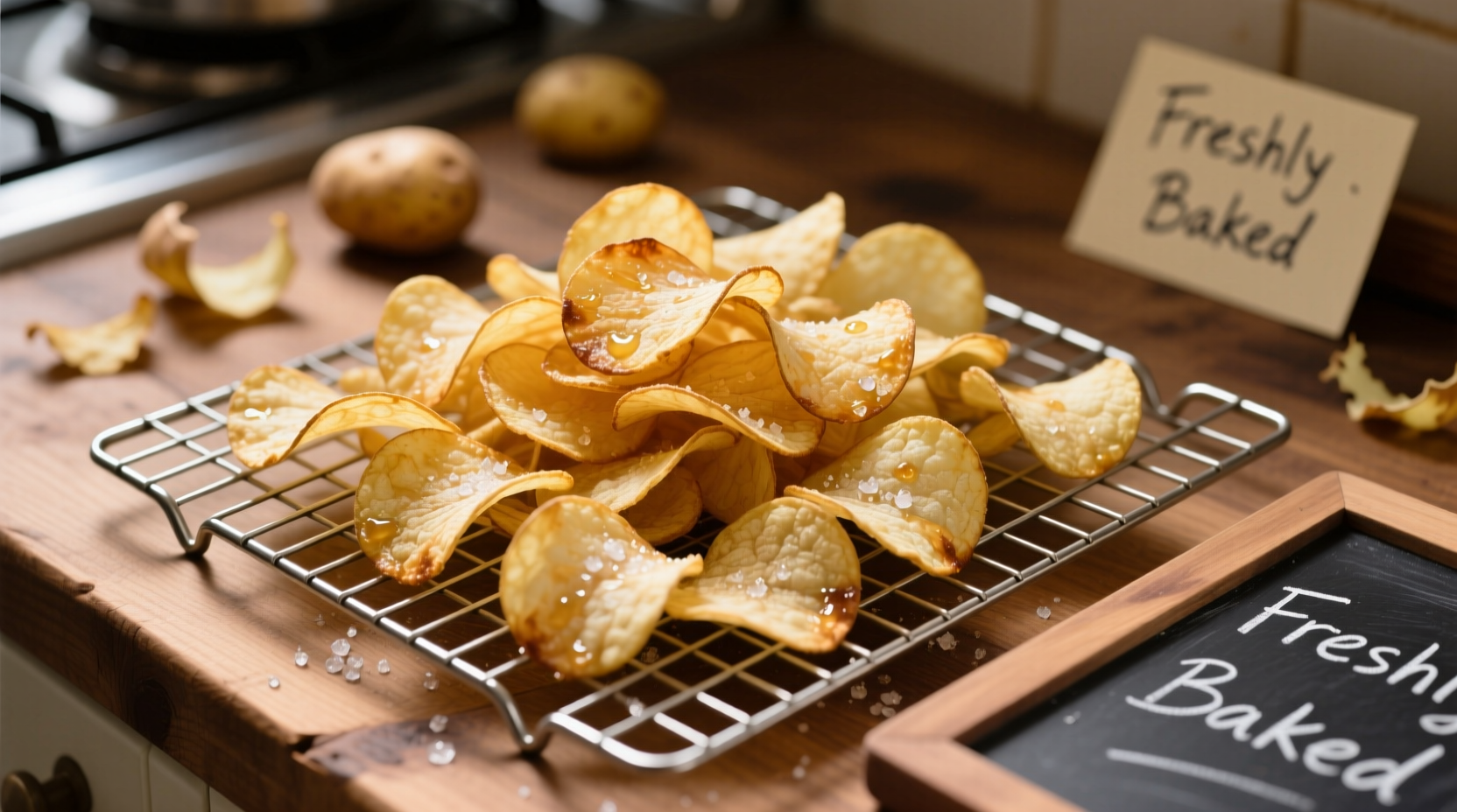 Homemade oven-baked potato chips on cooling rack
